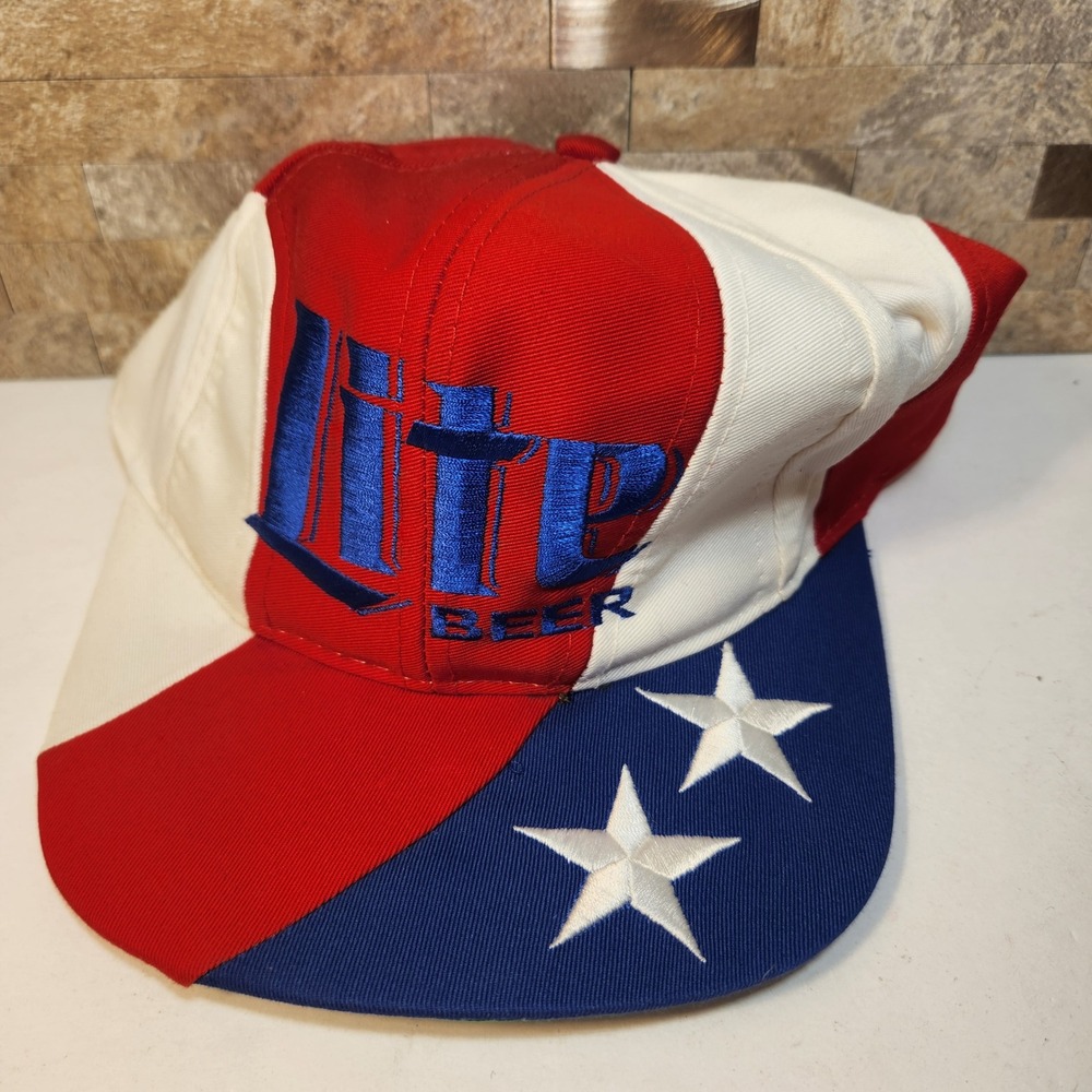 Vintage Miller Lite Beer Snapback Hat Kati Patriotic Red White Blue Colorblock